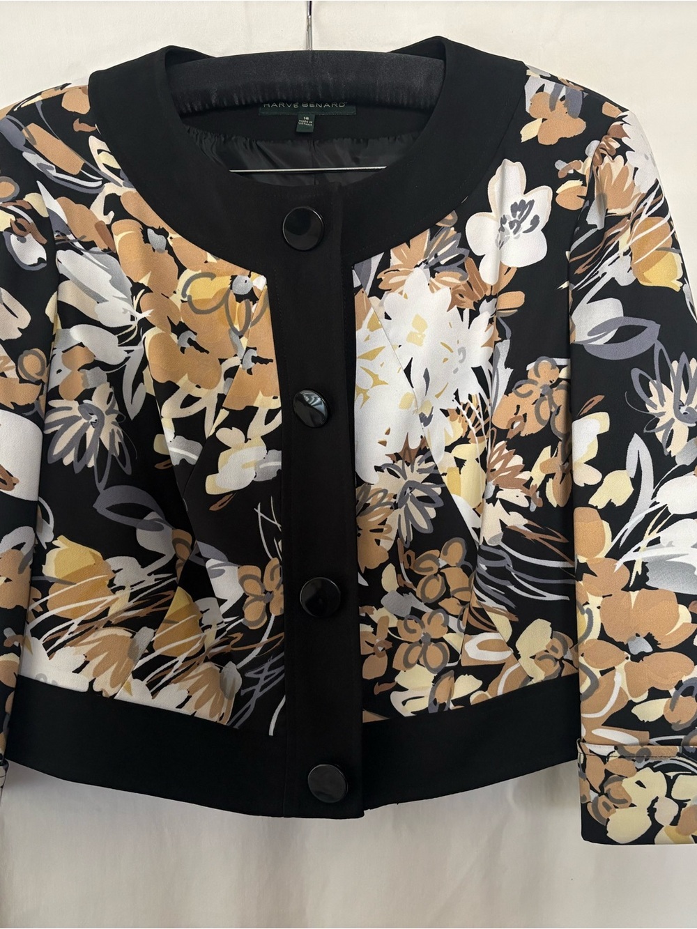 Harve Benard Black Floral Cropped Blazer with Gold and Cream Accents